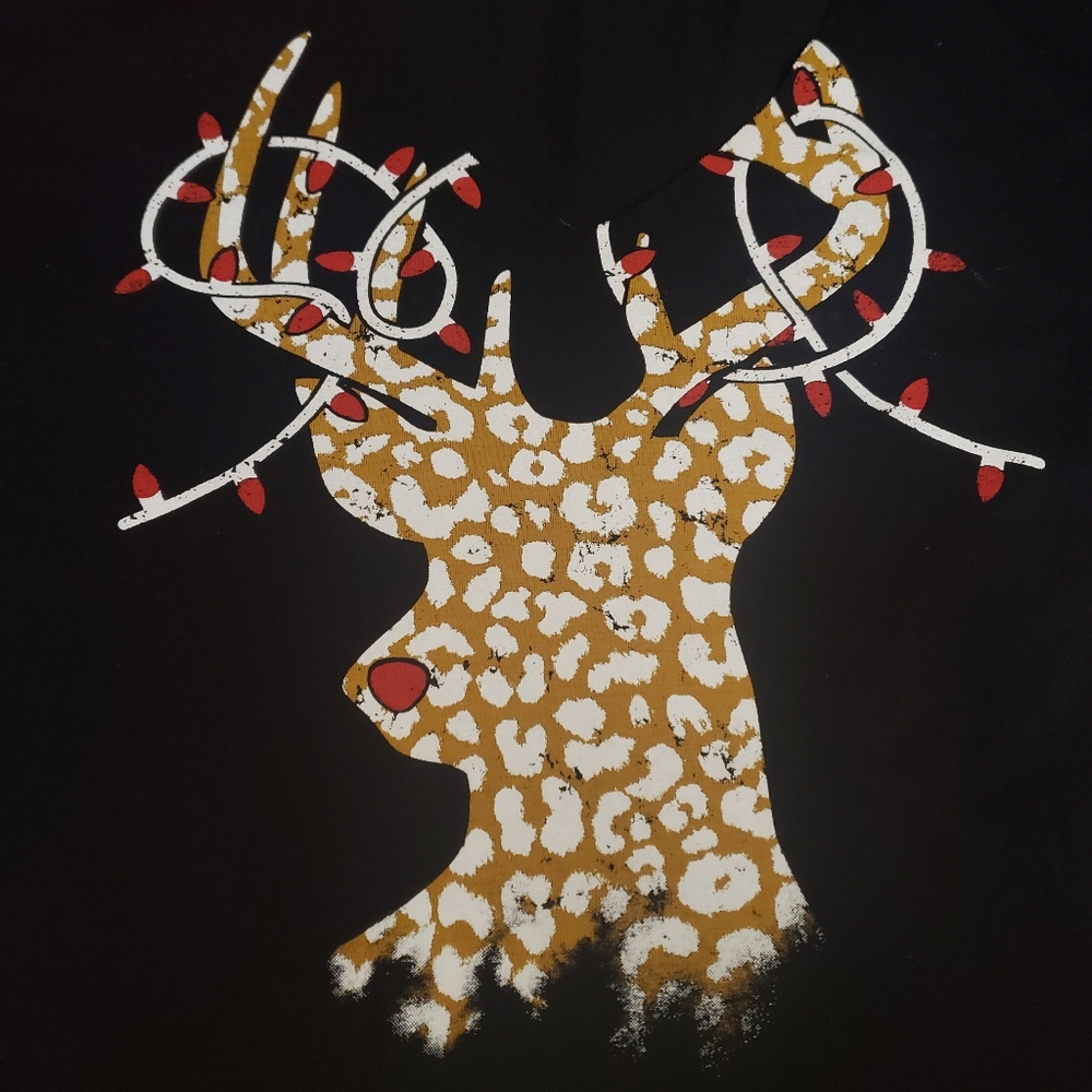 Festive Leopard print Reindeer Graphic Cutout top Size 1XL Black Tan New